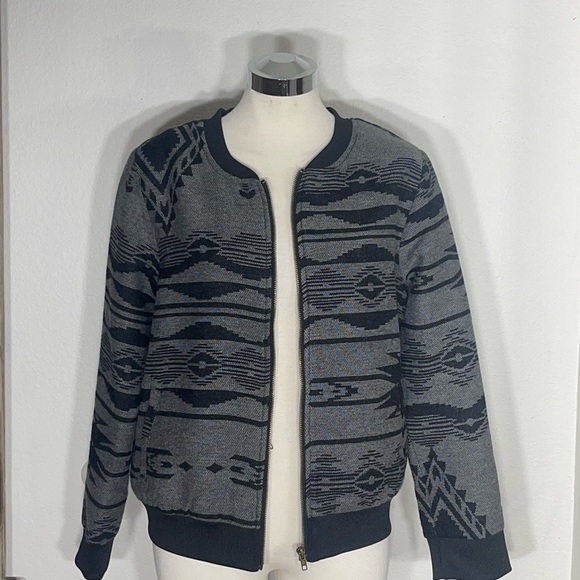 Bentee charcoal and black Aztec tribal pattern bomber jacket new pockets large - Picture 9 of 9